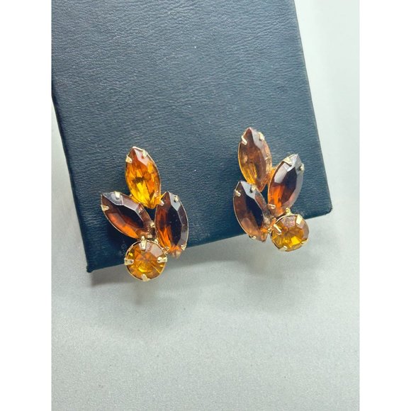 Vintage Rhinestone Earrings Clip On Topaz Glass Navette Marquise Shape Prong Set - Picture 2 of 8